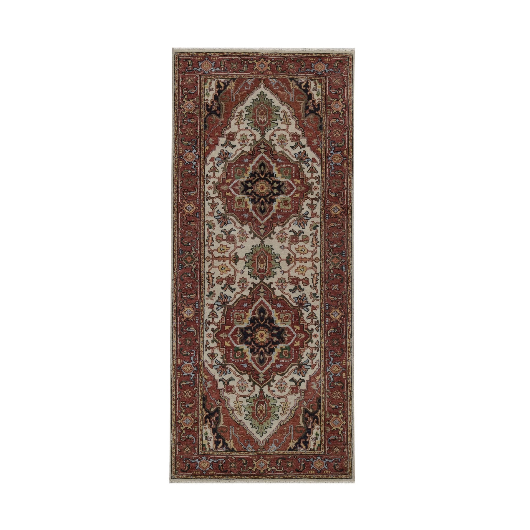 2'6"x6'2" Chiffon White, Antiqued Fine Heriz Re-Creation, Medallions Design, Hand Knotted, Hand Spun New Zealand Wool, Soft Pile, Vegetable Dyes, Runner, Oriental Rug 